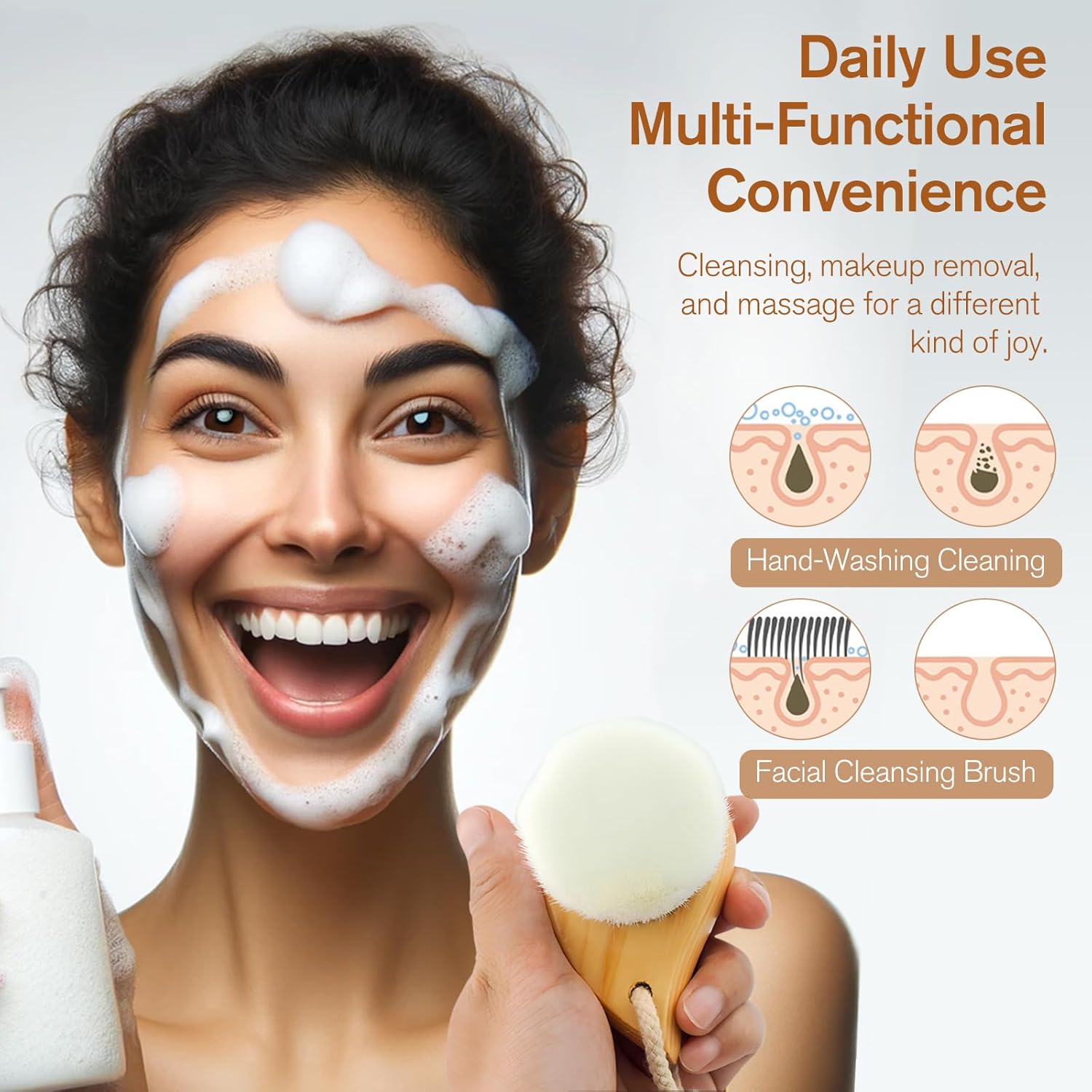 Soft Bristle Facial Cleansing Brush for Deep Pore Cleaning, Travel-Friendly Face Beauty Brush with Ergonomic Handle, Brown - Image 3
