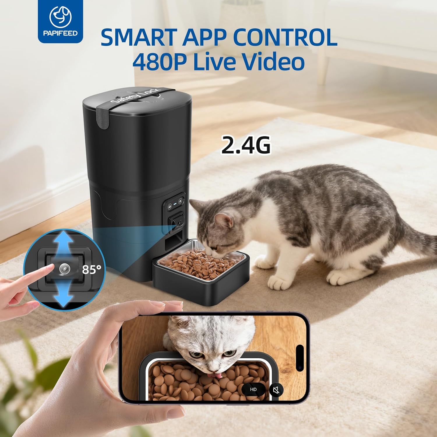 PAPIFEED Automatic Cat Feeder with Camera, 6L Cat Food Dispenser with App, 2.4G WiFi Timed Cat Feeder for Dry Food, 2-Way Audio, Smart Pet Feeder for Small Dog, 10 Meals/Day, 12 Portions/Meal - Image 2