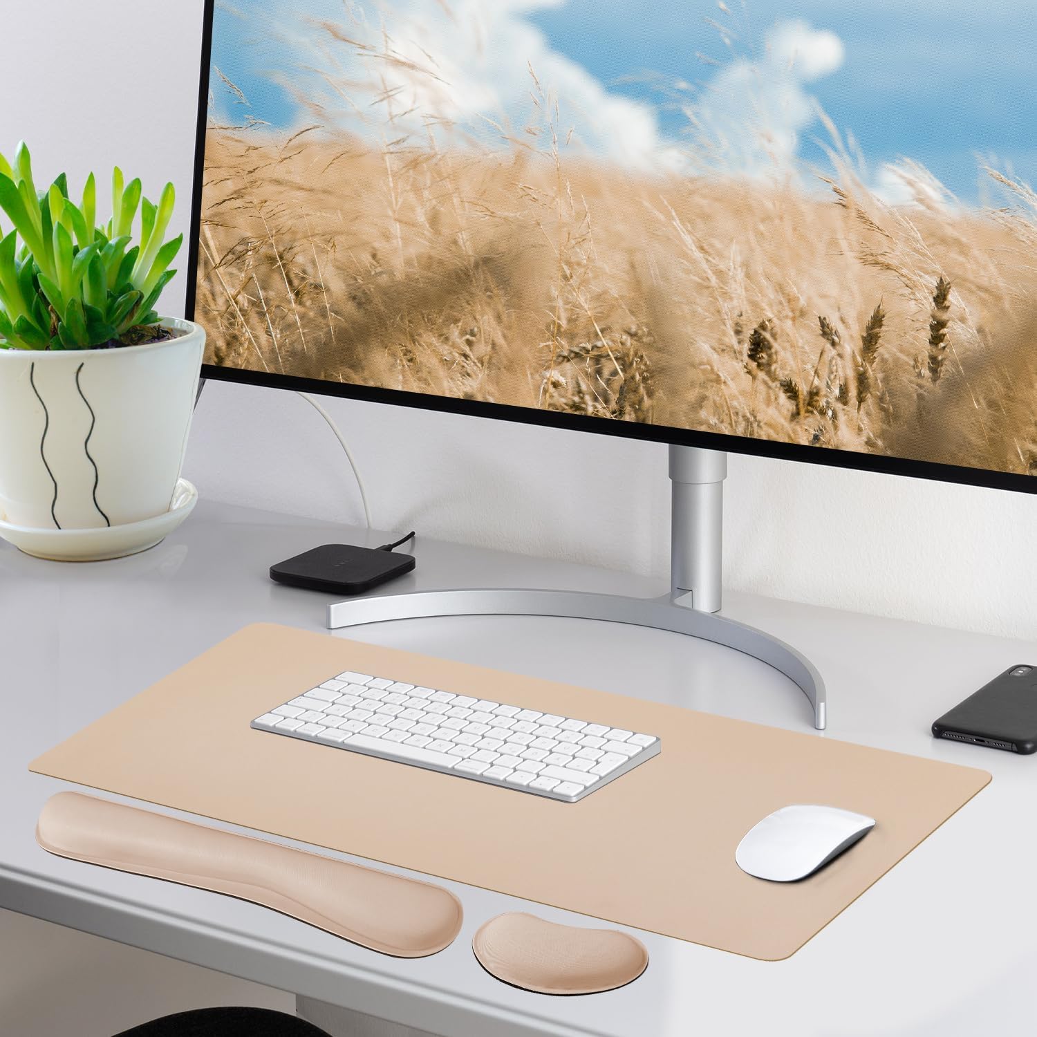 Bloss Leather Desk Pad and Keyboard Wrist Rest, Large Mouse Pad + Keyboard Pad+Mouse Wrist Support, Non-Slip Desk Mat Protector for Office, Home(31.5×15.7 Inches,Beige) - Image 2