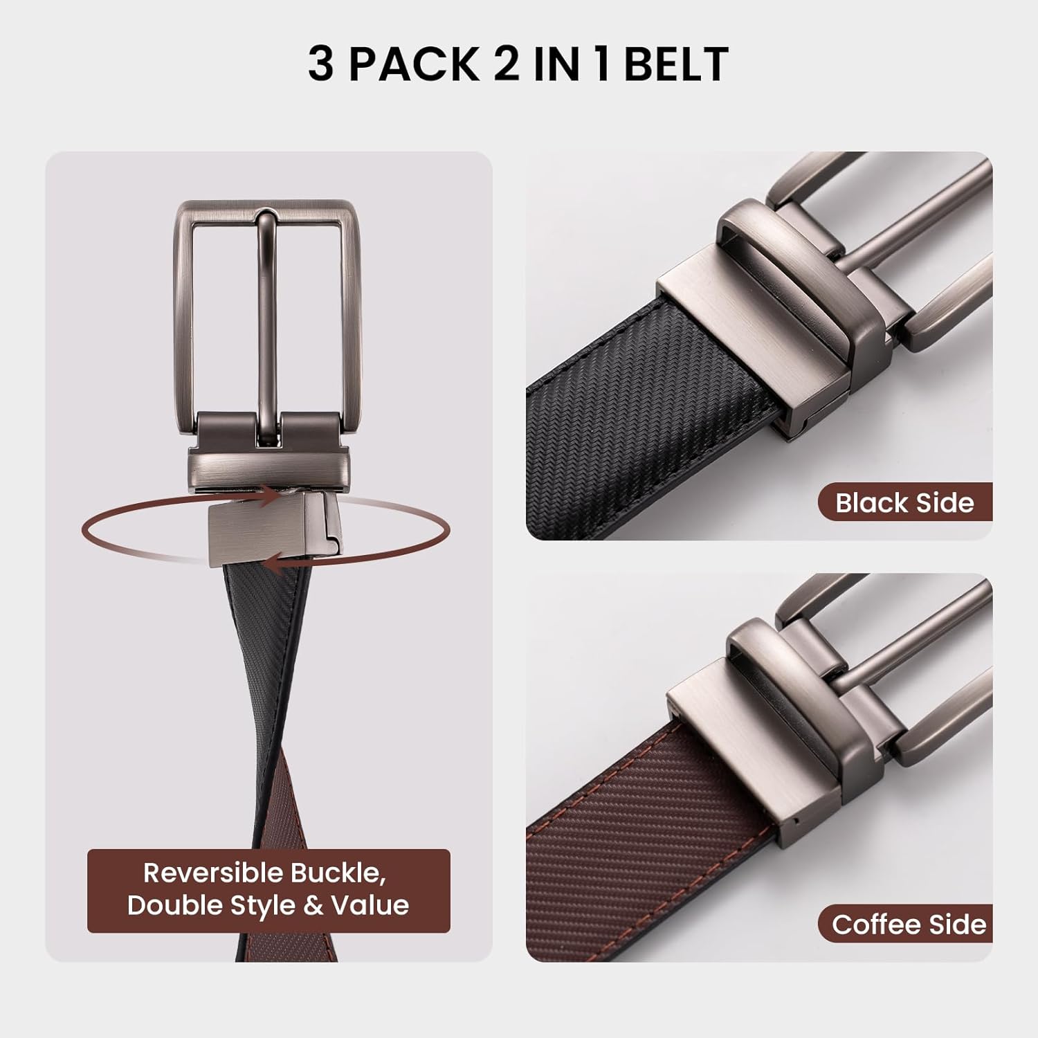 LMUGOOS 3-Pack Men's Reversible Genuine Leather Belt, Adjustable & Cuttable 1.2" for Dress & Jeans, Ideal Gift for Men - Image 4