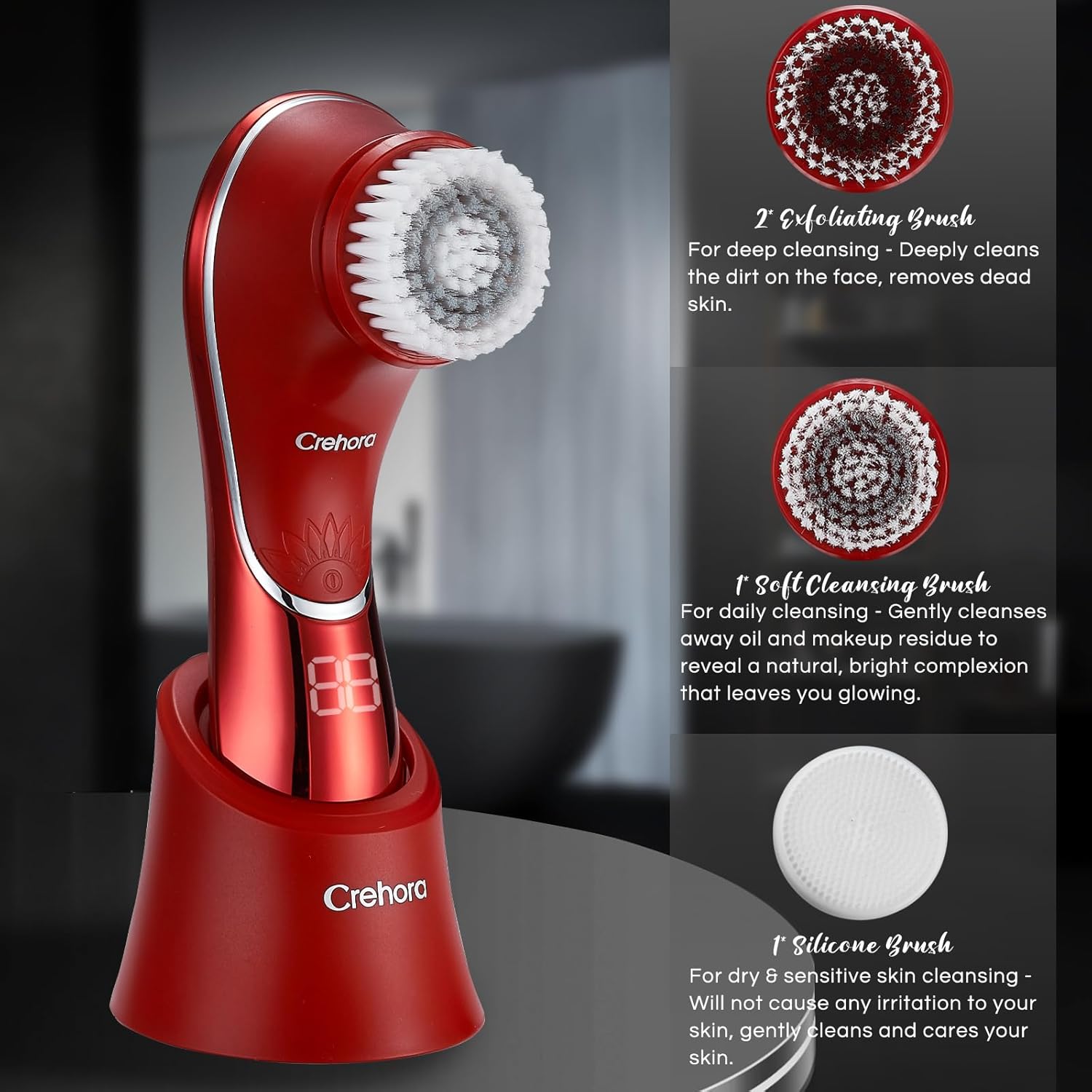 Facial Cleansing Brush, Electric Face Scrubber, Facial Cleansing Brush Rechargeable IPX-7 Waterproof Rotating Face Scrubber for Exfoliating, Massaging and Deep Cleansing with 4 Brush Heads - Image 4