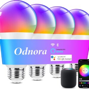 Smart Light Bulbs, Color Changing Light Bulb, Work with Alexa & Google Assistant, RGBWW A19 LED Light Bulbs Dimmable, 2.4GHz WiFi Bluetooth Light Bulb 60W Equivalent, Music Sync, 800LM, 4 Packs