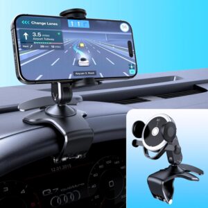 Universal 360° Rotating Dashboard Phone Holder for Car – Spring Clip Car Phone Mount, No Adhesive No Tools, Multi-Angle Adjustable Clip-On Holder for 4-7 inches Smartphones (Black)