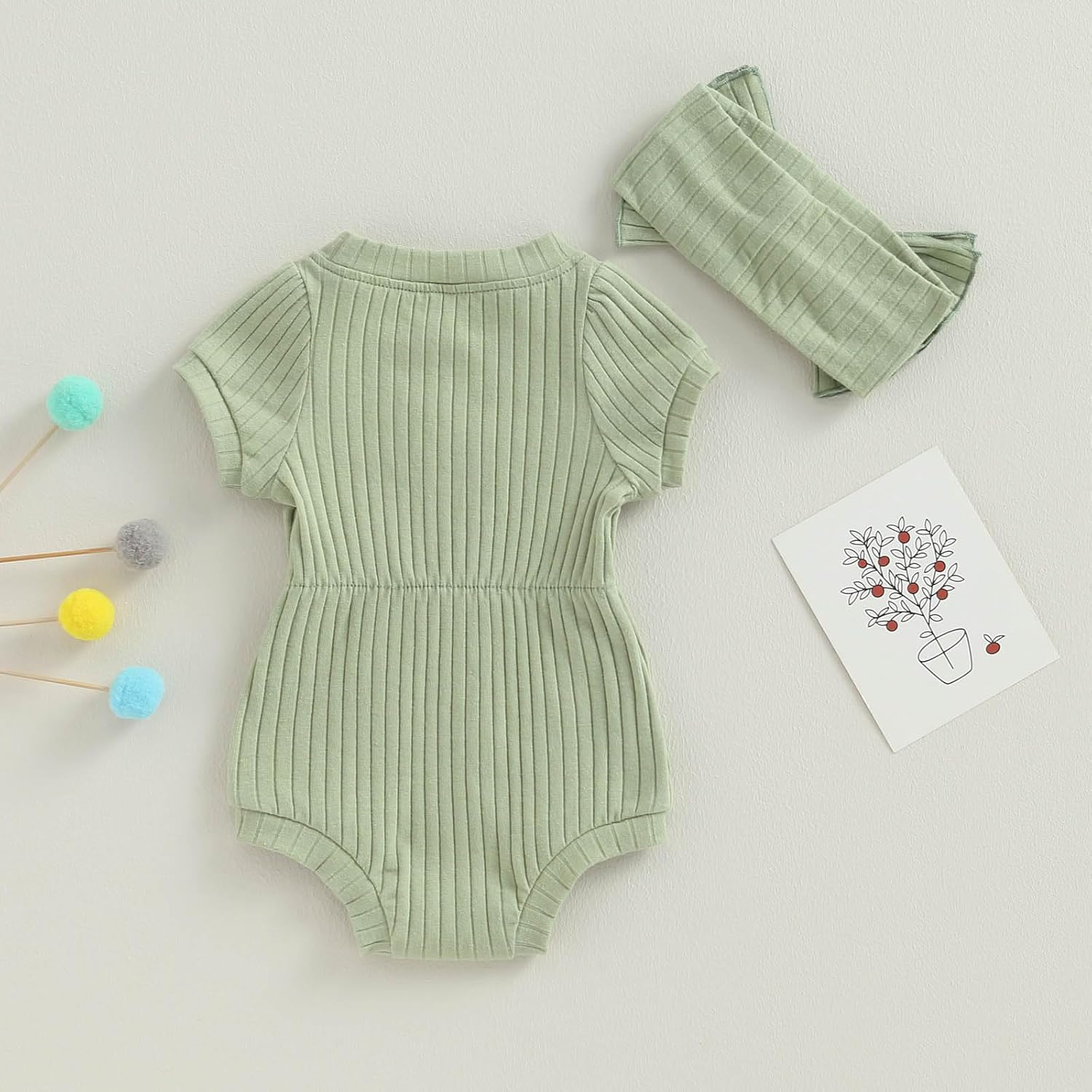 FOCUSNORM Baby Girl Summer Clothes Ribbed Short Sleeve Romper Solid Color Bodysuits Bow Headband Outfit Newborn Girl Jumpsuit - Image 7