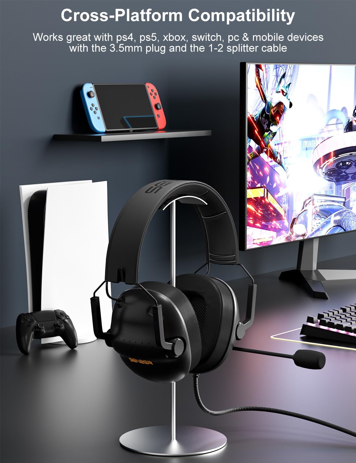 SENZER SG500 Surround Sound Pro Gaming Headset with Noise Cancelling Microphone - Soft Memory Foam Padding - Portable Foldable Headphones for PC, PS4, PS5, Xbox One, Switch - Black - Image 6