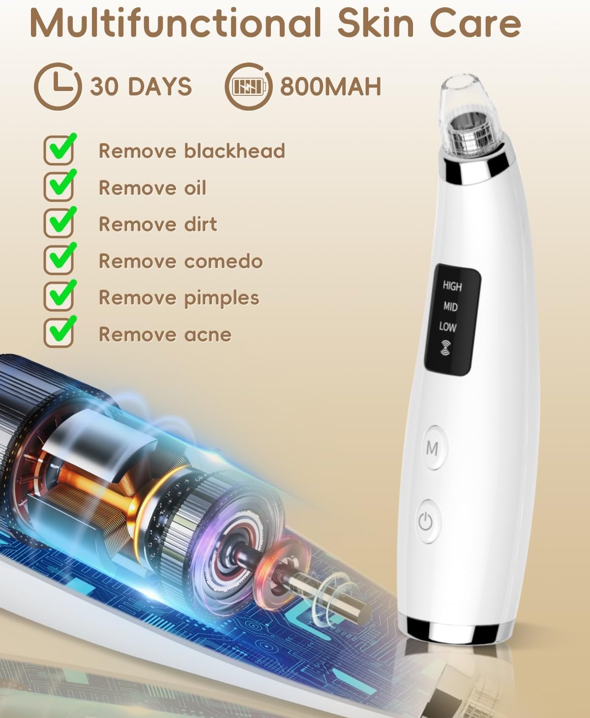 Rechargeable Blackhead Vacuum Pore Cleaner - 5 Attachments & 3 Suction Levels for Deep Facial Cleansing, USB-Powered Blackhead Remover for Women and Men (White) - Image 8