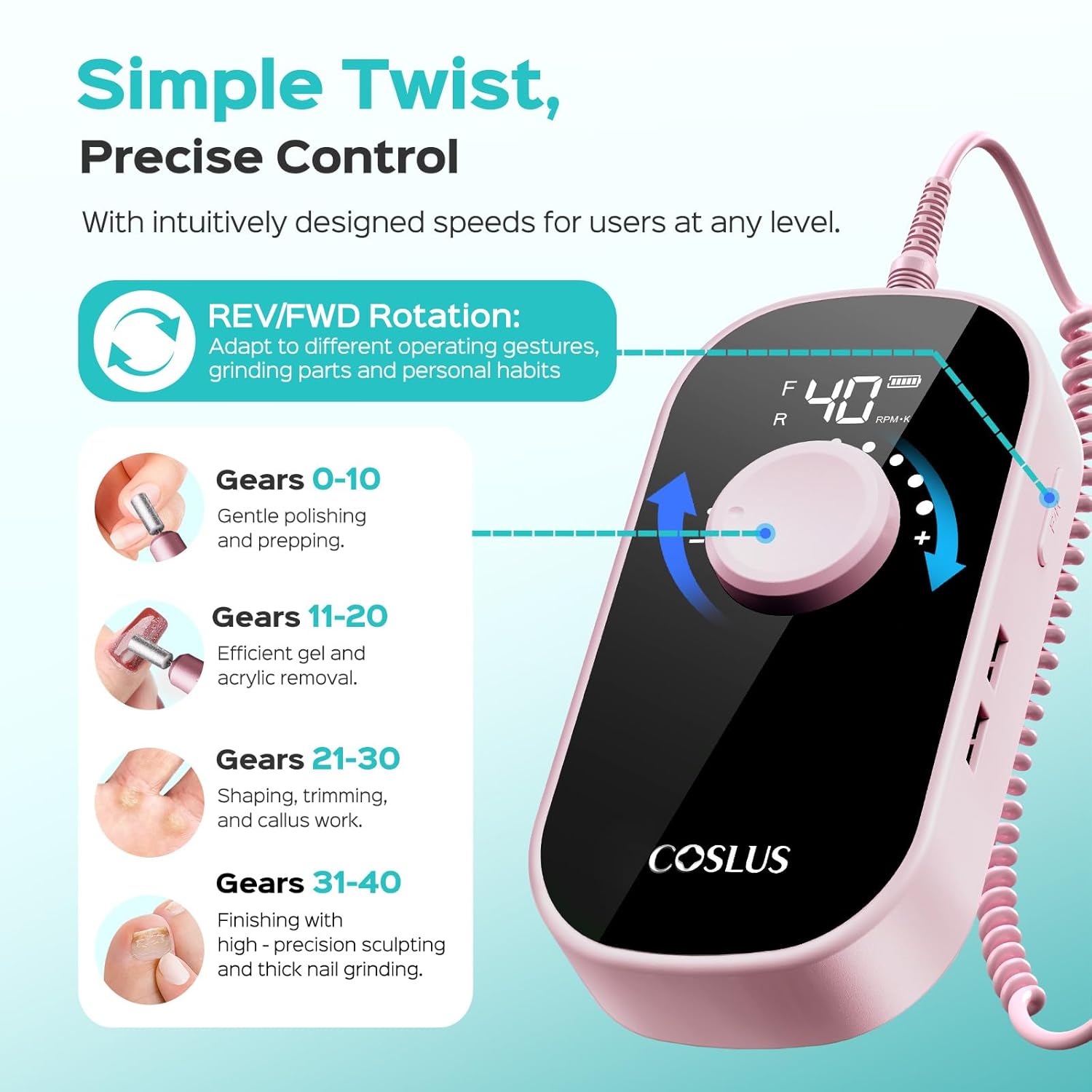 COSLUS E51 Electric Nail Drill Professional: 40000 RPM Rechargeable Nail File with Stand for Acrylic Nails, Stable & Smooth Grinding, Easy to Use, Ideal for Women Beginners, Home DIY and Salon Pink - Image 6