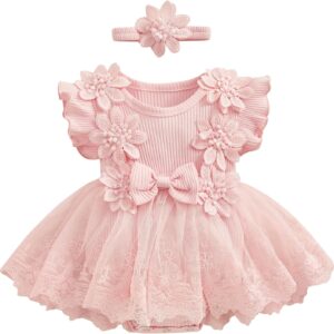 Karwuiio Newborn Baby Girl Romper Dress Short Sleeve Mesh Tutu Dress Baby Girls Lace Mesh Dress Jumpsuits with Headband