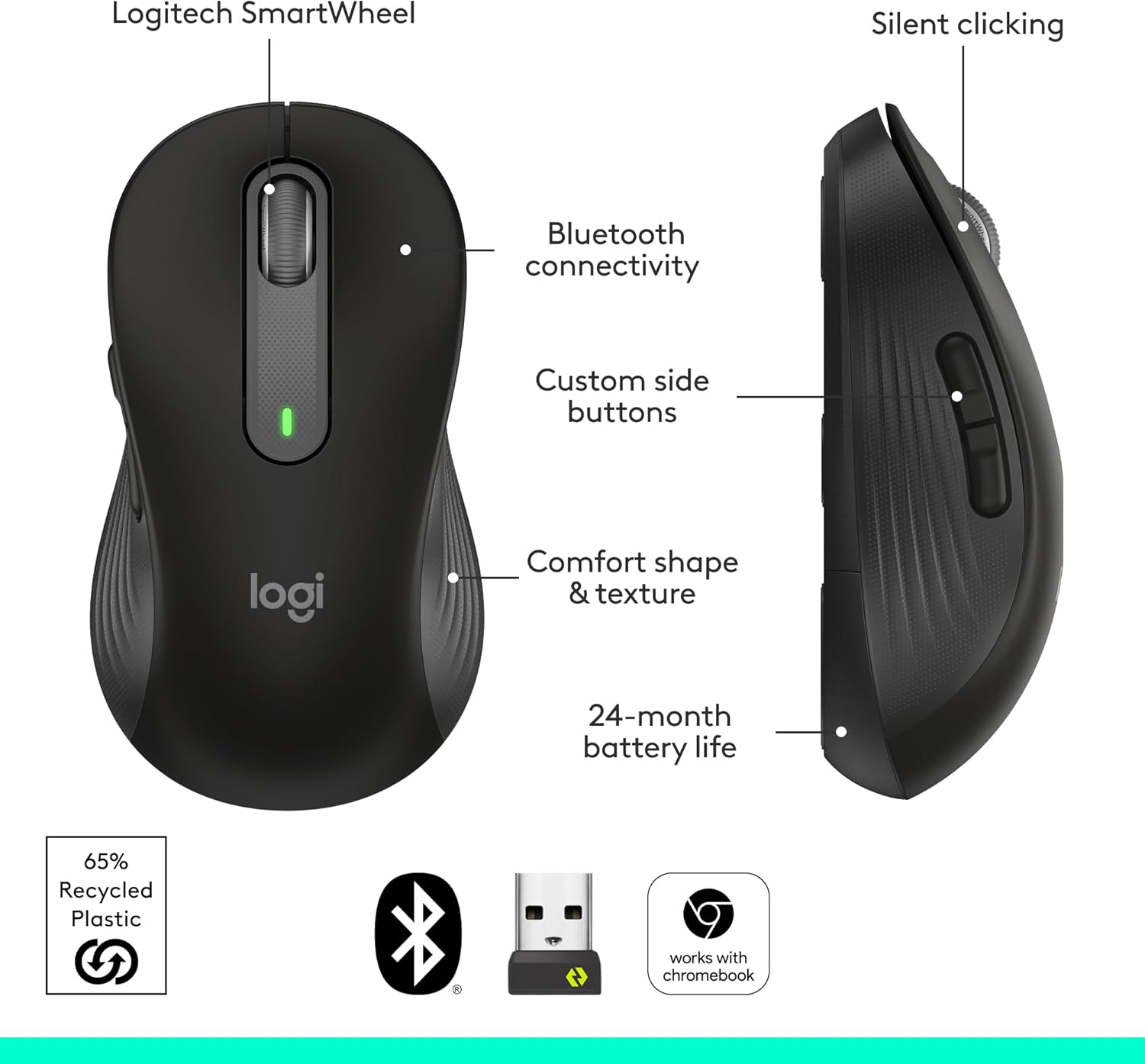 Logitech Signature M650 L Full Size Wireless Mouse - for Large Sized Hands, 2-Year Battery, Silent Clicks, Customizable Side Buttons, Bluetooth, for PC/Mac/Multi-Device/Chromebook - Black - Image 7