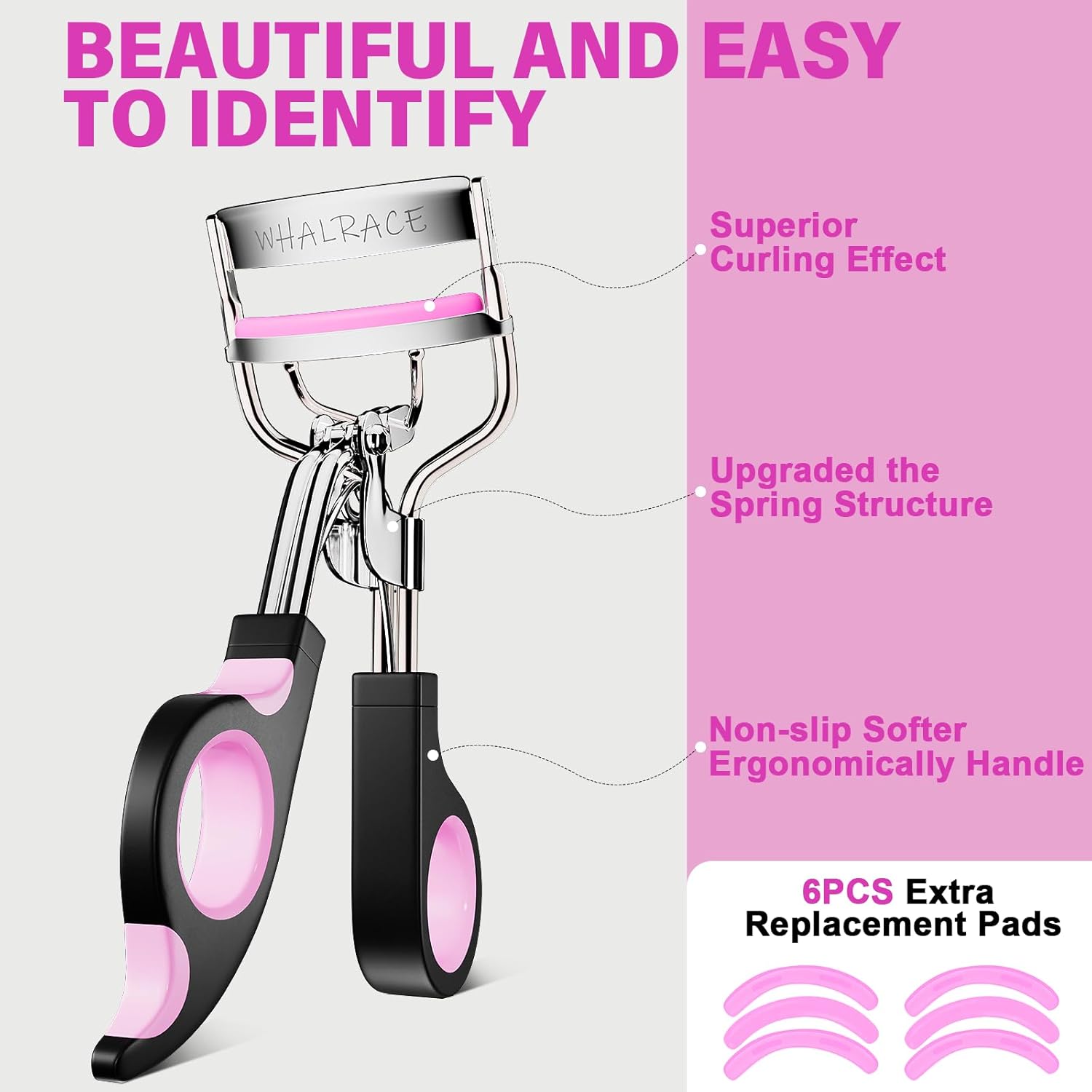 Eye Lash Curler with 6PCS Extra Replacement Strips, Whalrace Superior Curling Effect Eyelash Curlers, Easy & Comfortable to Grip and Use-Gpink - Image 2