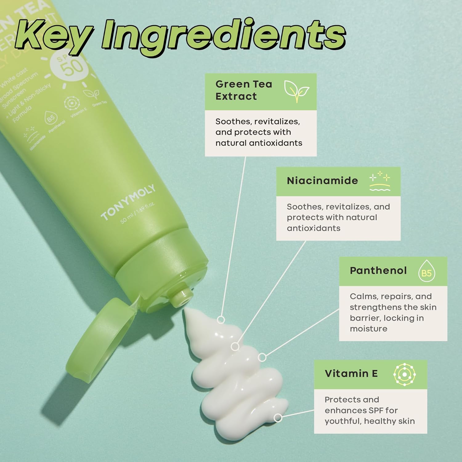 TONYMOLY Green Tea Korean Sunscreen SPF 50+ PA++++ — No White Cast, Lightweight Face Sunscreen for All Skin Tones, Hydrating with Niacinamide, Panthenol & Hyaluronic Acid, 1.69 fl oz - Image 6