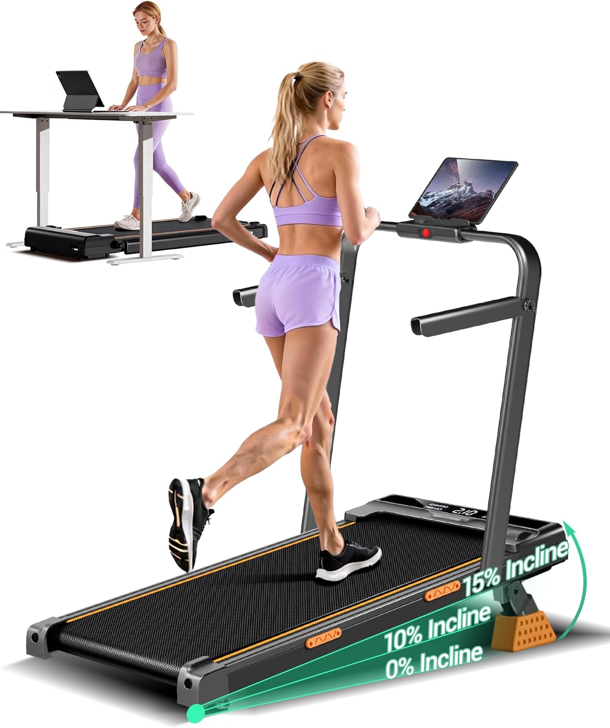 4-in-1 Walking Pad Treadmill with 15% Incline, Quiet Under Desk Treadmills for Home & Office, Compact Foldable Treadmill with Handles and 2.5HP Brushless, 330 LBS Capacity