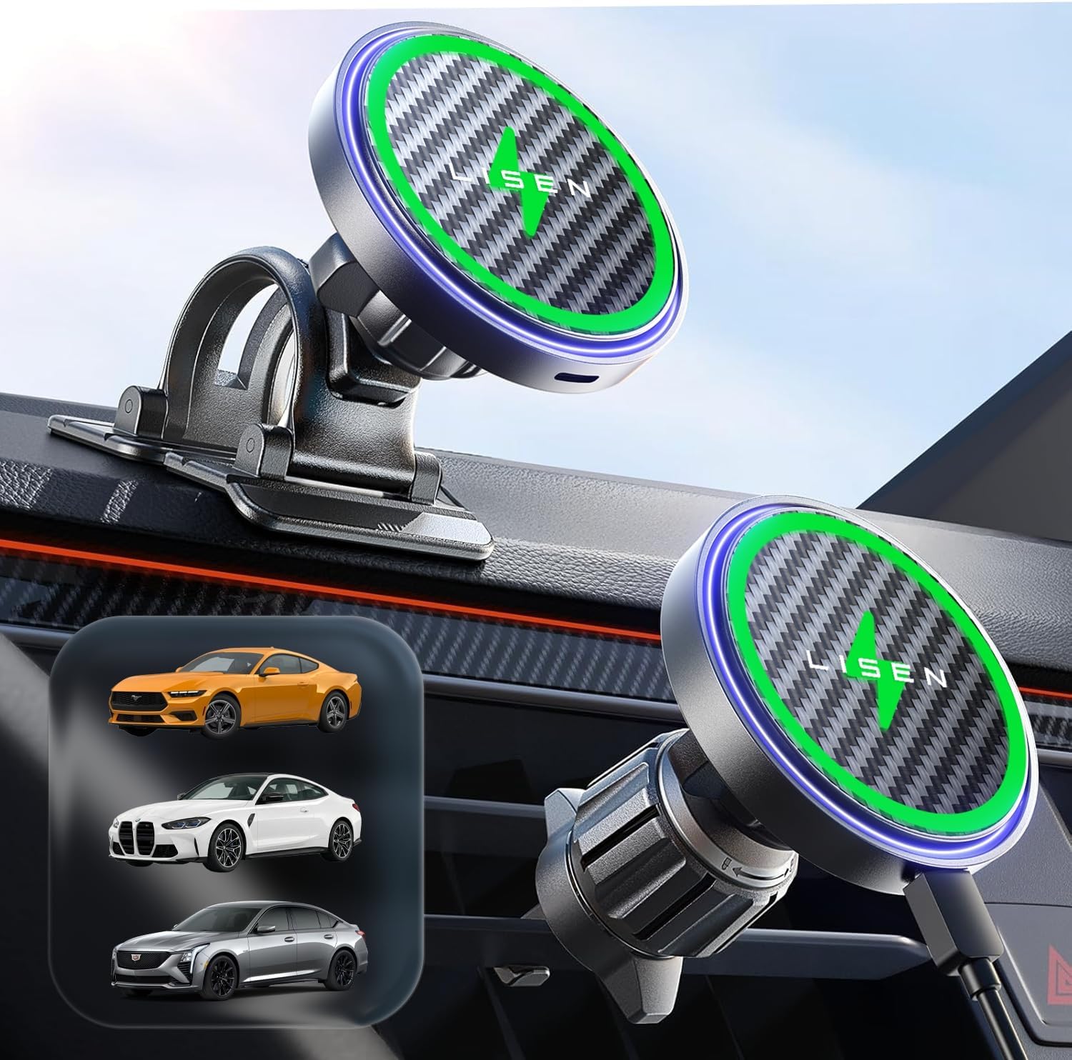 LISEN for 15W MagSafe Car Mount Charger,Wireless Car Charger,Magnetic Phone Holder for Car,Phone Holders for Your Car Accessories for Women Men Jeep Ford F150 for iPhone 17 16 15 14 13 12,Samsung