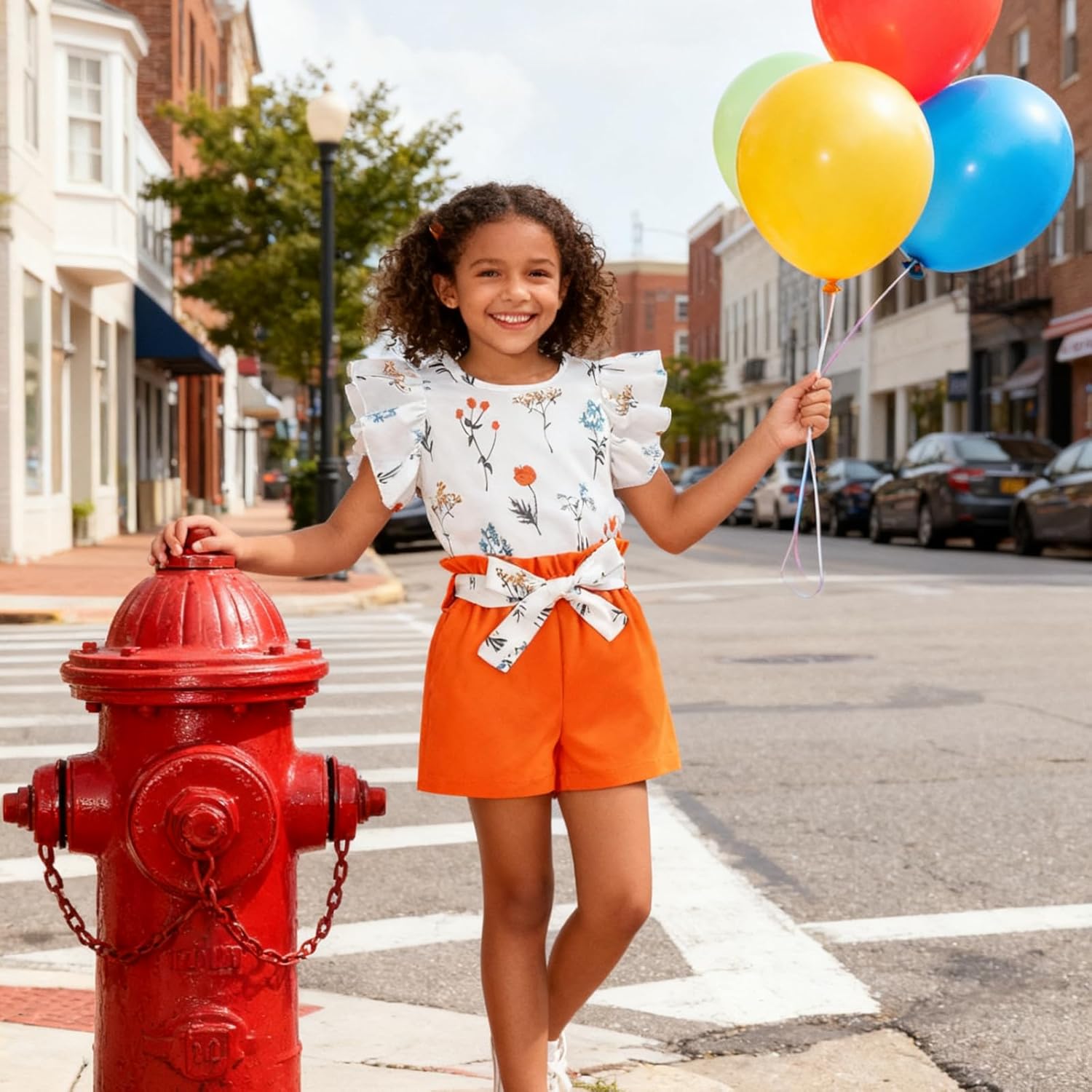 3-8T Toddler Kid Girl Outfits Clothes Ruffle Short Sleeve Floral T-Shirt Top Summer Shorts with Belt - Image 7