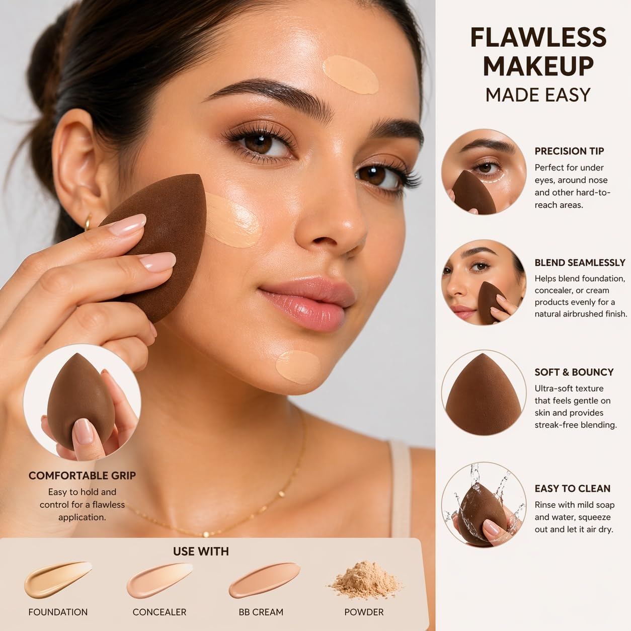Makeup Beauty Blending / 3 Pack Latex-Free Beauty Sponge/Makeup Blender Foundation, Concealer & Powder/Cosmetic Makeup Applicator (Coffee) - Image 3