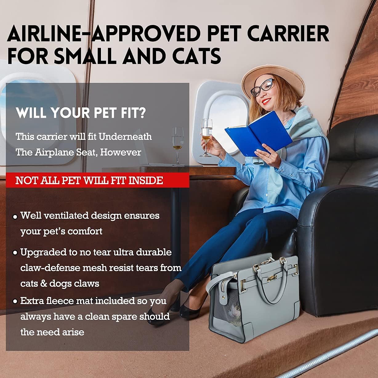 Fashion Pet Carrier Dog Cat Carrier Purse Soft-Sided Leather Handbag Pet Tote Bag for Small Dogs Puppy and Cats TSA Airline Approved (Grey) - Image 6