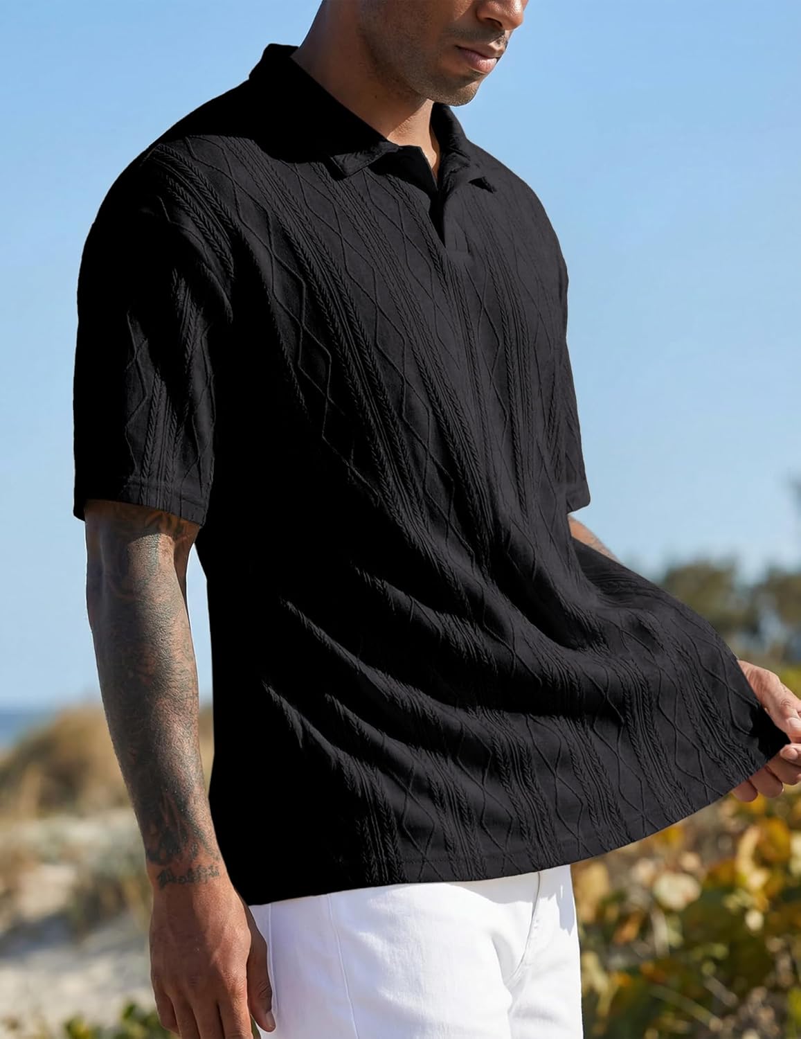 JMIERR Mens Polo Shirt Textured Knit Button Casual Short Sleeve Summer Vacation Beach Stretchy Golf Shirts - Image 3