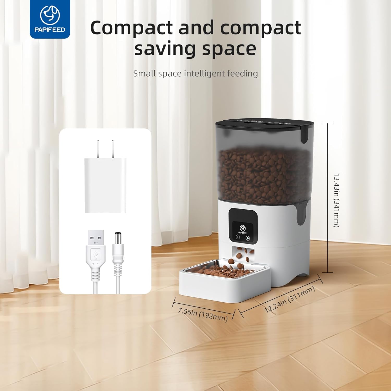 PAPIFEED Automatic Cat Feeder with App, 2.4G WiFi Cat Food Dispenser, 6L Timed Cat Feeder for Dry Food, 10 Meals/Day, 12 Portions/Meal, Dual Power Supply Smart Pet Feeder for Dog, White - Image 9