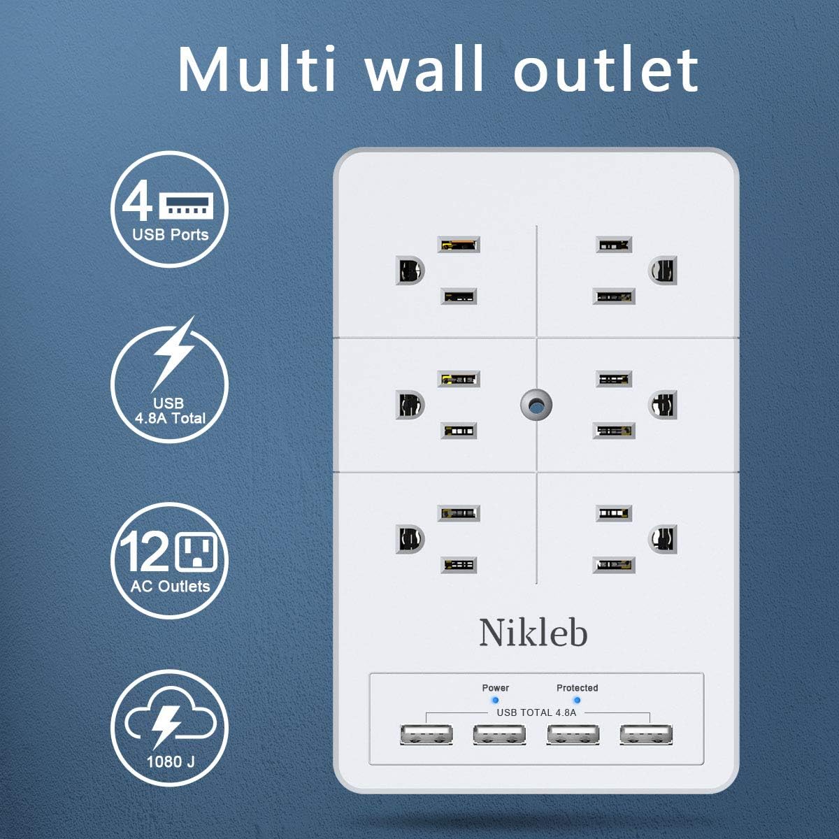 Multi Plug Outlet Surge Protector Nikleb, 12 Electrical Outlets Extender with 4 USB Charging Ports Total 4.8A, Wall Plug Expander 3 Prong for Room, Office, Gaming, Cord Organizer Accessories - Image 2