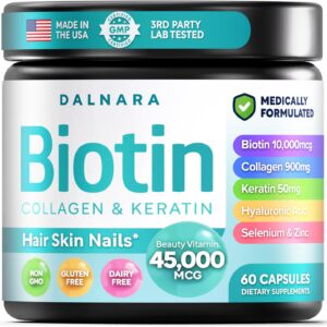 Biotin Collagen & Keratin – Hair, Skin & Nails Vitamins, 45,000 MCG Vitamin Complex (A, B1, B2, B3, B6, B7, C & E)–Biotin for Hair Growth for Women & Men, Hair Vitamins-60 Capsules–Made in USA