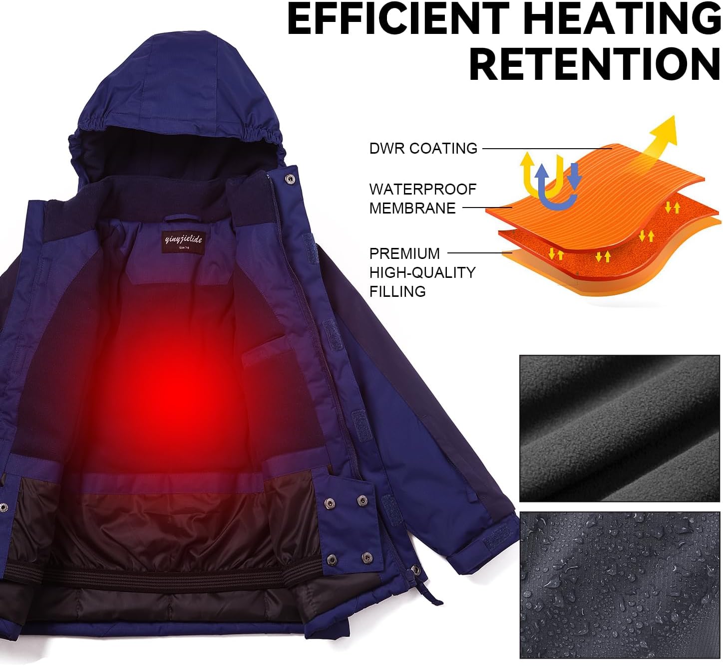 Boys Waterproof Winter Snow Coat, Kids Ski Snow Jacket for Boys, Warm Fleece Lined Winter Windproof Jacket with Hood - Image 2
