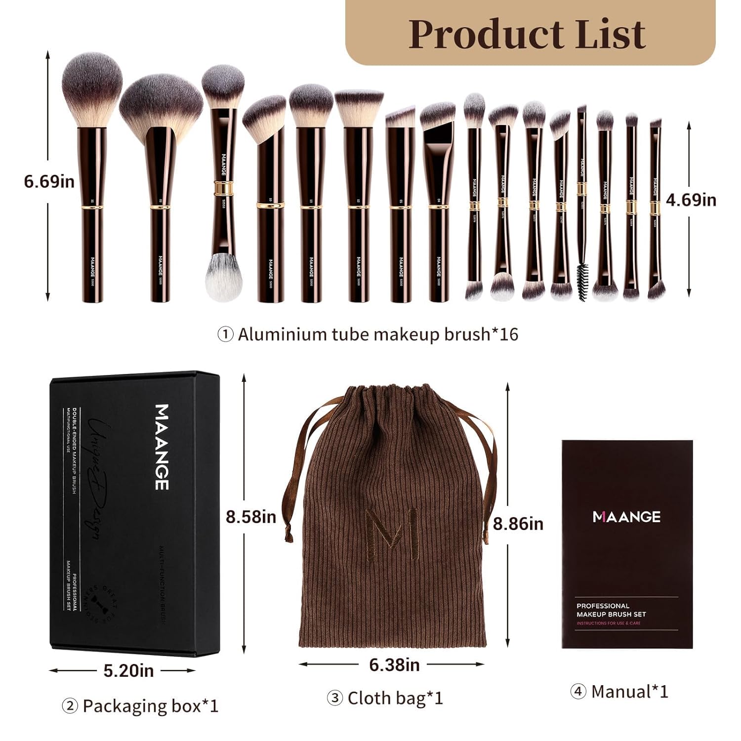 MAANGE Makeup Brushes 16Pcs Professional Foundation Powder Blush Contour Eyeshadows Double-End Makeup Brushes Set with Bag and Gift Box-CoffeeBrown - Image 2