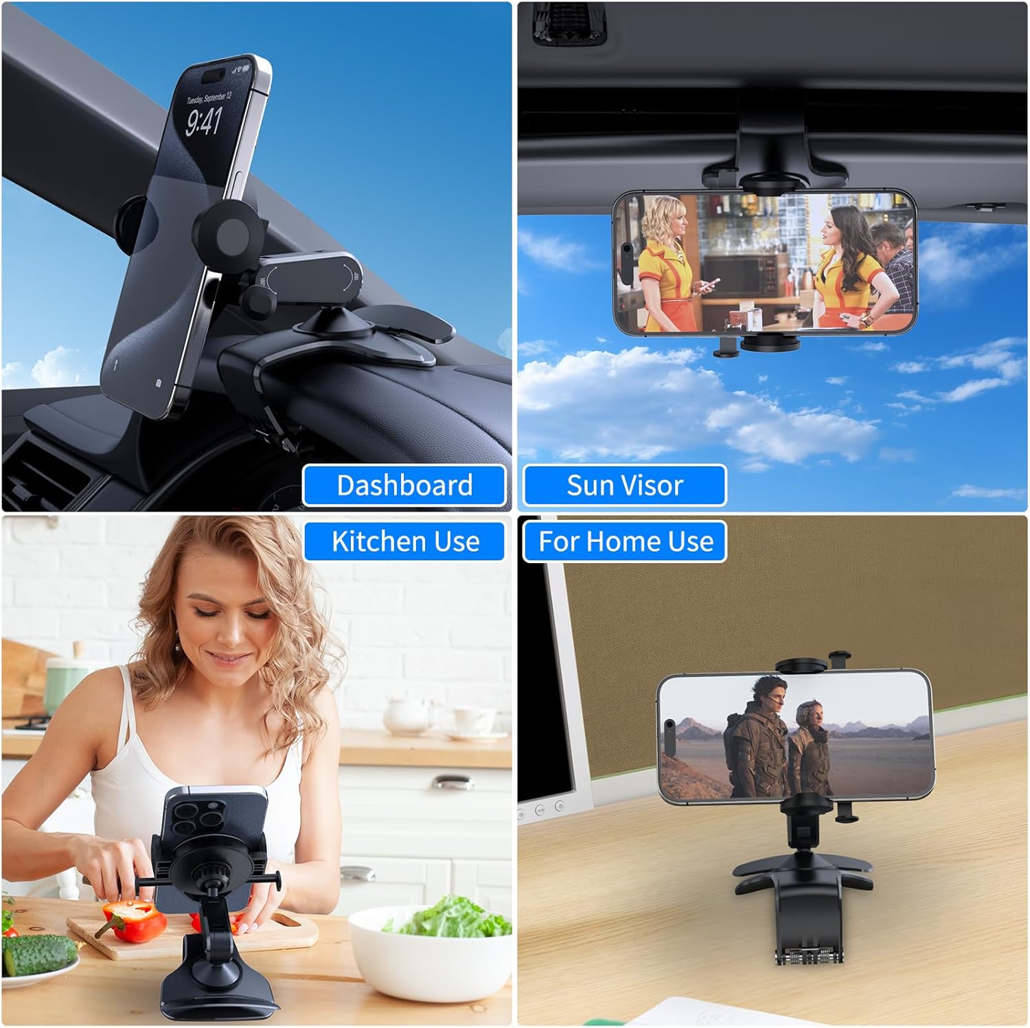Universal 360° Rotating Dashboard Phone Holder for Car - Spring Clip Car Phone Mount, No Adhesive No Tools, Multi-Angle Adjustable Clip-On Holder for 4-7 inches Smartphones (Black) - Image 6