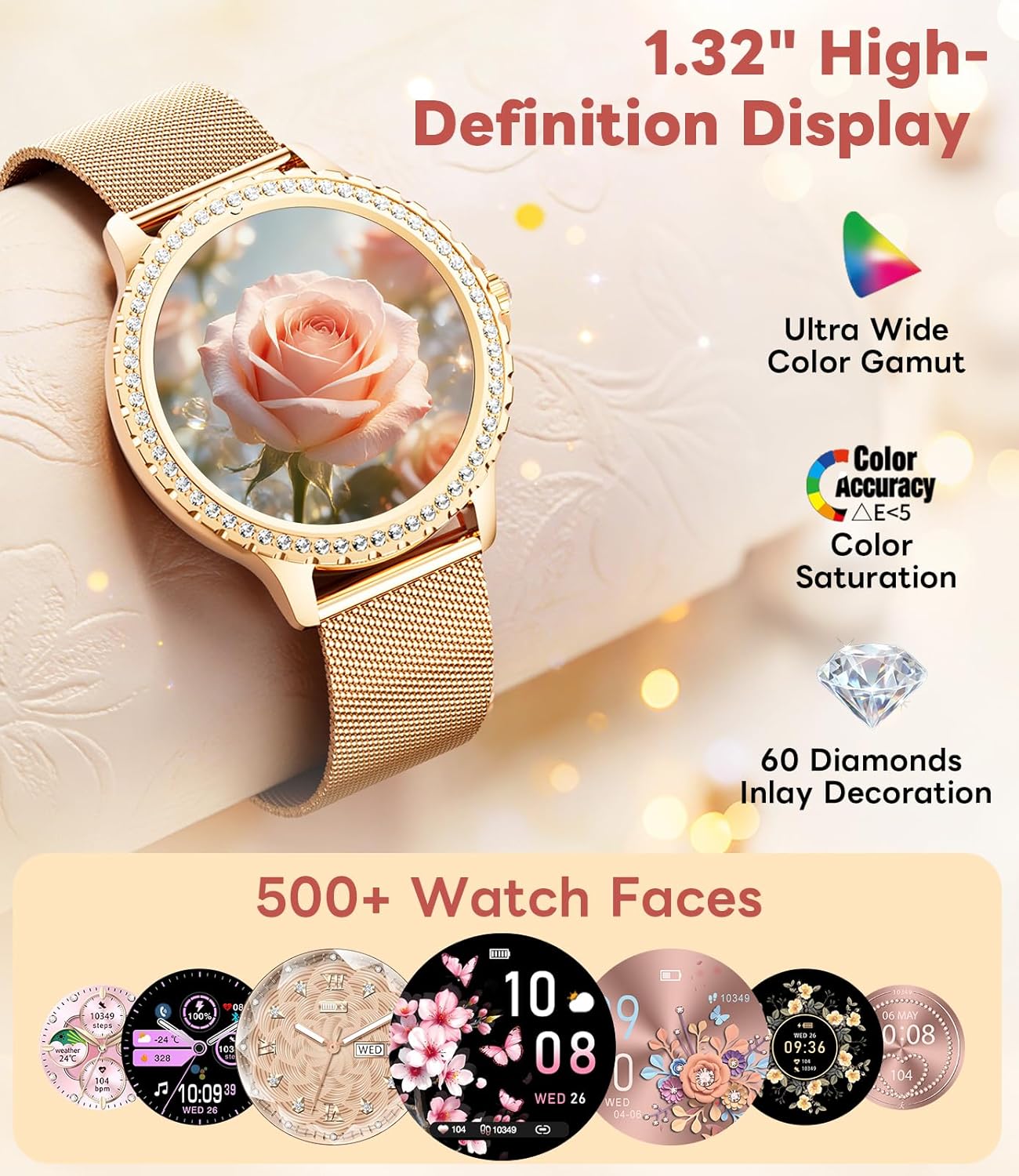 Smart Watch for Women Diamond, Bluetooth Calls, 1.32-inch HD Screen Round Fitness Tracker with Menstrual Cycle/Sleep/Heart Rate Monitor, 100+ Sports Mode, Android/iOS Phone, Rose Gold - Image 2