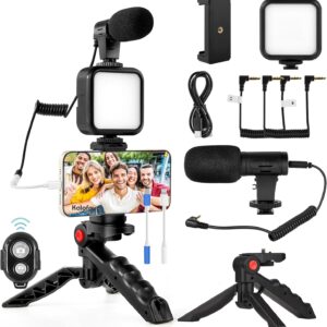 Vlogging Kit for iPhone, Android (with Tripod), with Mini LED Video Light + Cardioid Microphone + Phone Clip + Tripod for Video Calling, Vlogging, YouTube, Instagram, TikTok