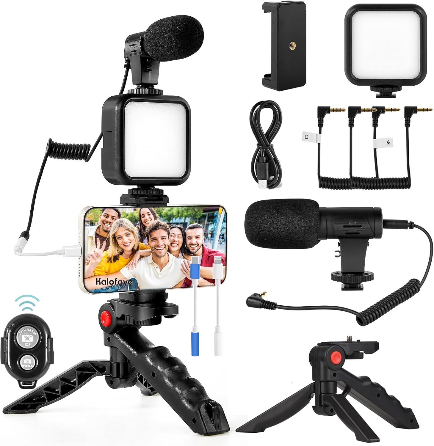 Vlogging Kit for iPhone, Android (with Tripod), with Mini LED Video Light + Cardioid Microphone + Phone Clip + Tripod for Video Calling, Vlogging, YouTube, Instagram, TikTok