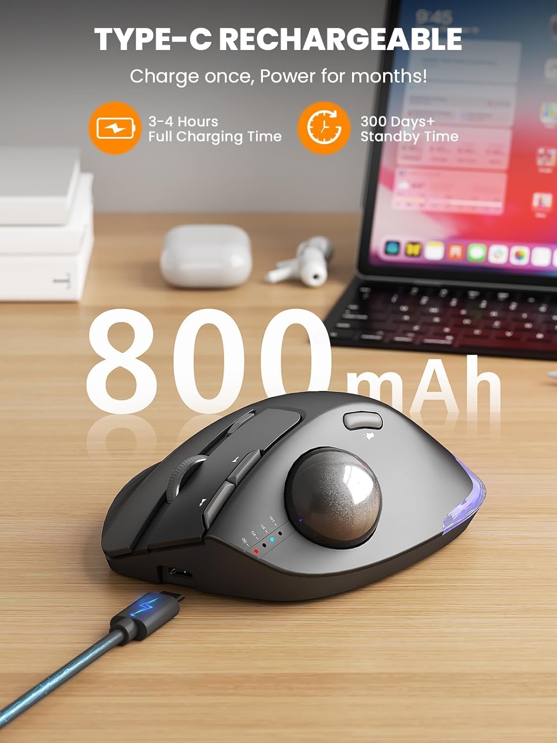 SABLUTE MAM1 Pro Ergonomic Wireless Trackball Mouse, Adjustable 0°/18° Angle, Thumb Control, Quiet Clicks, 3 Multi-Device Bluetooth & USB Receiver, Rechargeable Mouse for Office, Windows Mac - Image 7