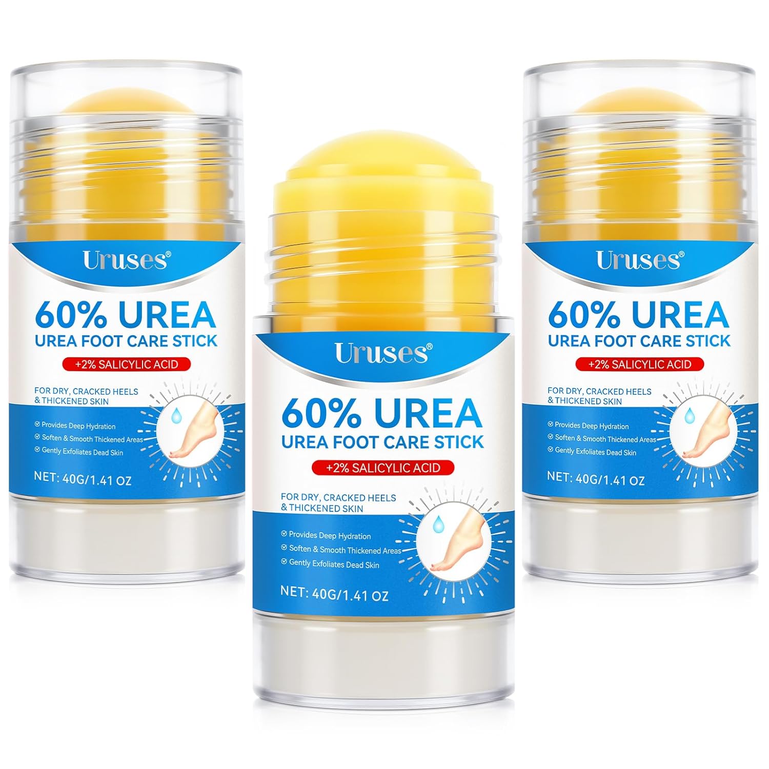 Uruses 3Pack Urea Cream 60% plus Salicylic Acid 2% Urea Foot Care Stick,Foot Cream for Foot Callus Remover, Feet Moisturizer Stick for Dry Cracked Heels, Hands, Knees,Hydrating Heel Balm, Easy To Use