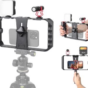 Zeadio Universal Smartphone Vlogging Kit with RGB Light & Microphone – Cell Phone Stabilizer Cage for iPhone/Android, Content Creator etc
