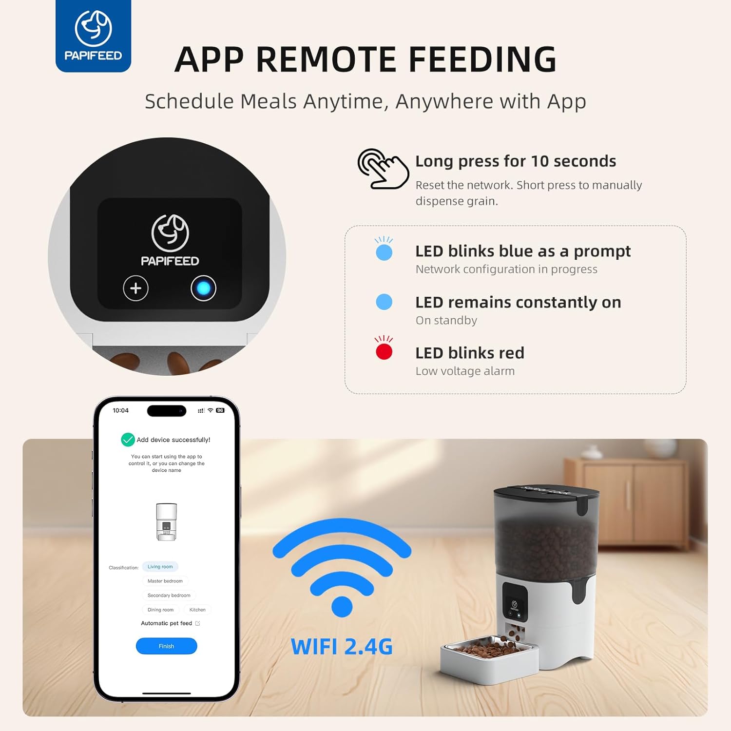 PAPIFEED Automatic Cat Feeder with App, 2.4G WiFi Cat Food Dispenser, 6L Timed Cat Feeder for Dry Food, 10 Meals/Day, 12 Portions/Meal, Dual Power Supply Smart Pet Feeder for Dog, White - Image 4