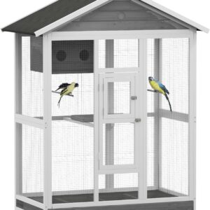PawHut 64.5″ Wooden Bird Cage Aviary, Flight Cage with 4 Perches, Nest and Slide-Out Tray for Indoor/Outdoor, Gray