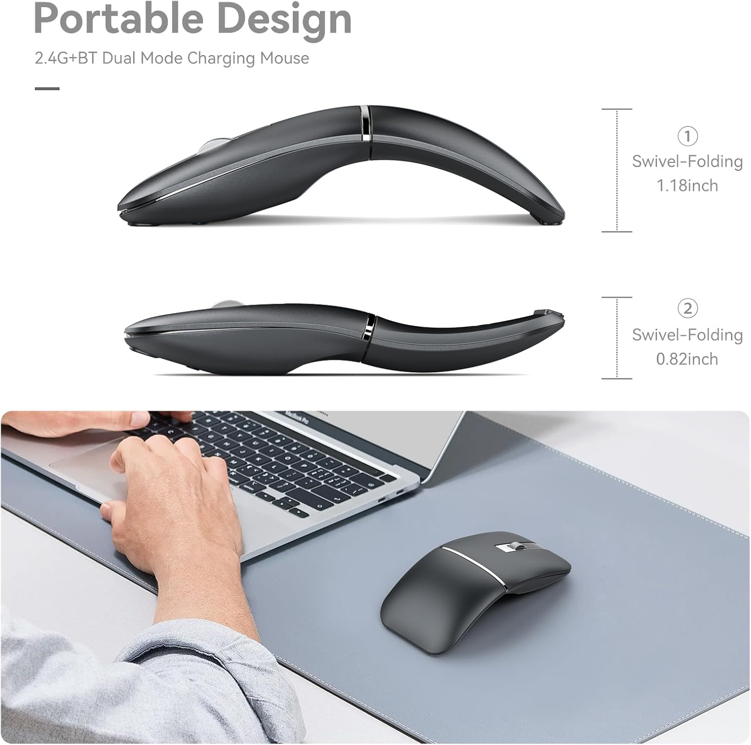 Bluetooth Wireless Arc Travel Mouse, Dual Model (2.4G+BT5.1) Rotating Foldable Mouse for Microsoft, Rechargeable Slim Portable Mice for Laptop, Notebook, PC, MacBook, Chromebook, Lenovo - Black - Image 5