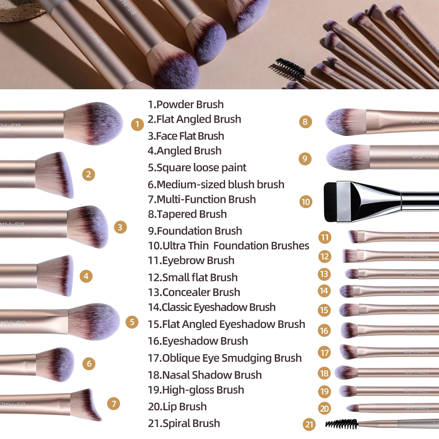 BS-MALL 21 Pcs Professional makeup brush set with foundation brush for liquid Makeup, eyeshadow Brush, concealer brush - Includes 6 Triangle Puffs & case for Even, Multi-purpose application (Golden) - Image 3