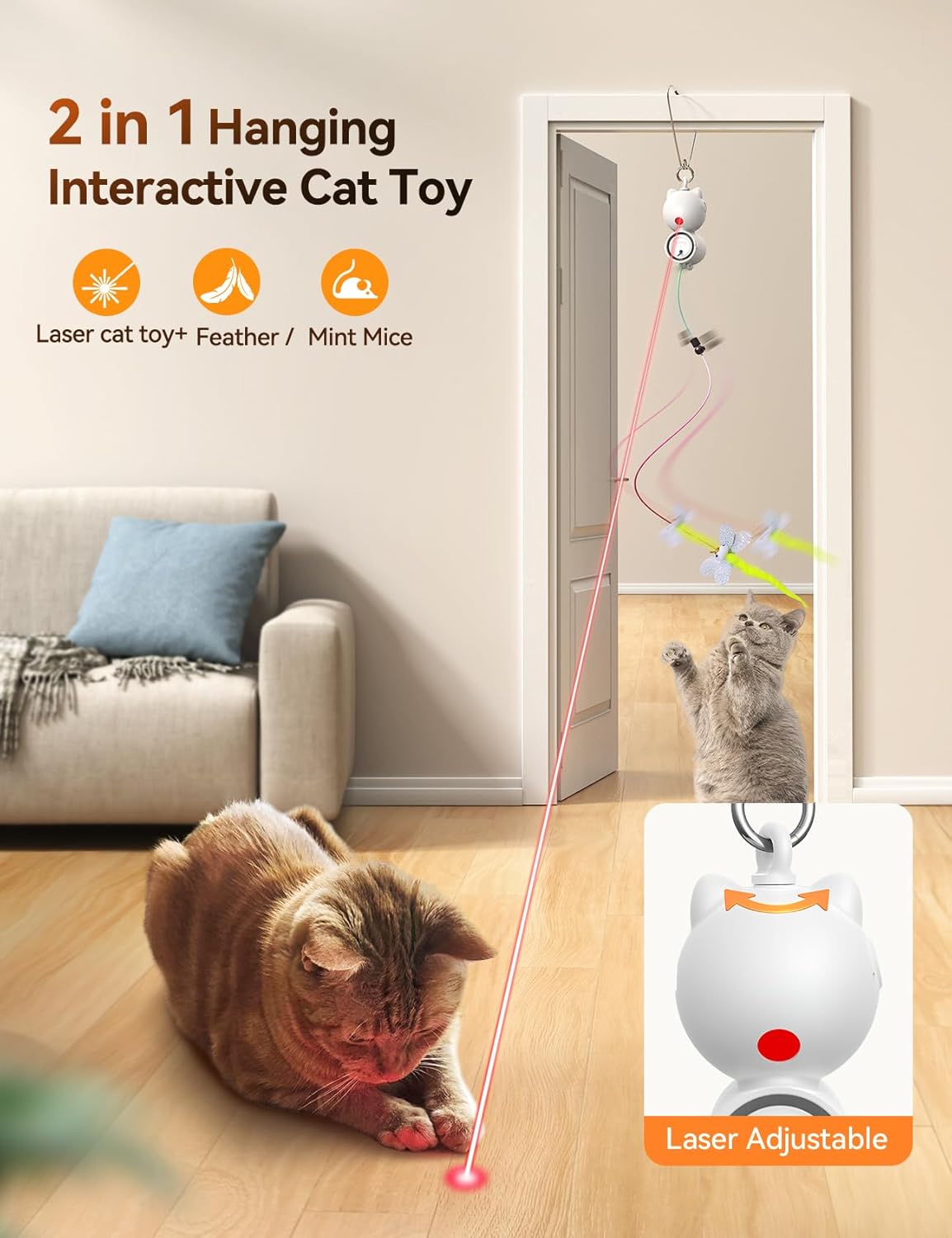 FEELNEEDY Laser Interactive Cat Toys, LED Light, 8 PCS Replacement Teaser with Bell Refills, Feather & Mouse Cats Toy, Hanging Cat Toys for Indoor Cats, for Bored Adult Kitten Exercise, Silver - Image 2