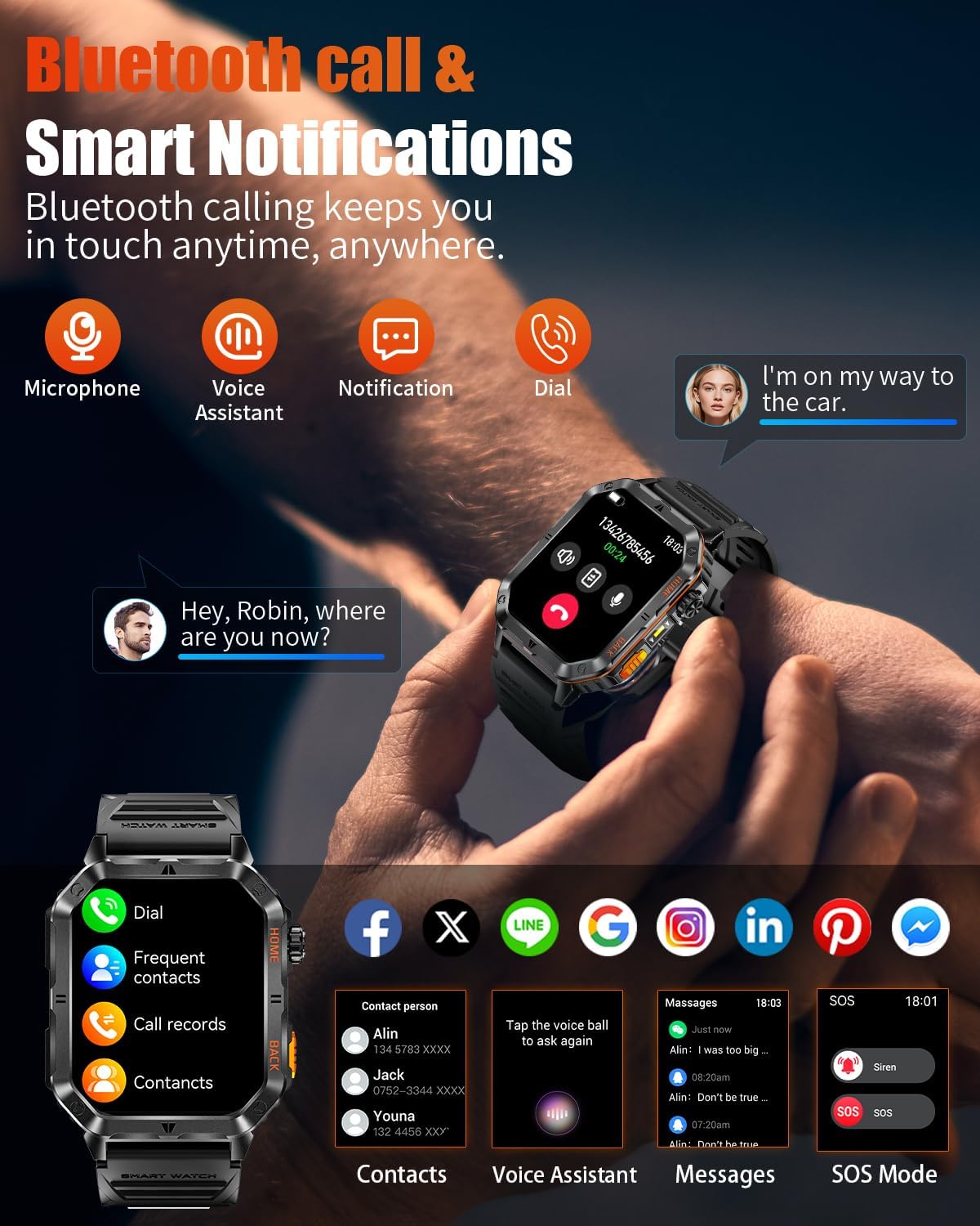 Military Smart Watch for Men, 2.01'' Fitness Tracker with 1200mAh Long Battery Life, Bluetooth Calls, Flashlight, IP68 Waterproof, Heart Rate/Sleep Tracking, 100+ Sports Modes for Android iPhone - Image 7