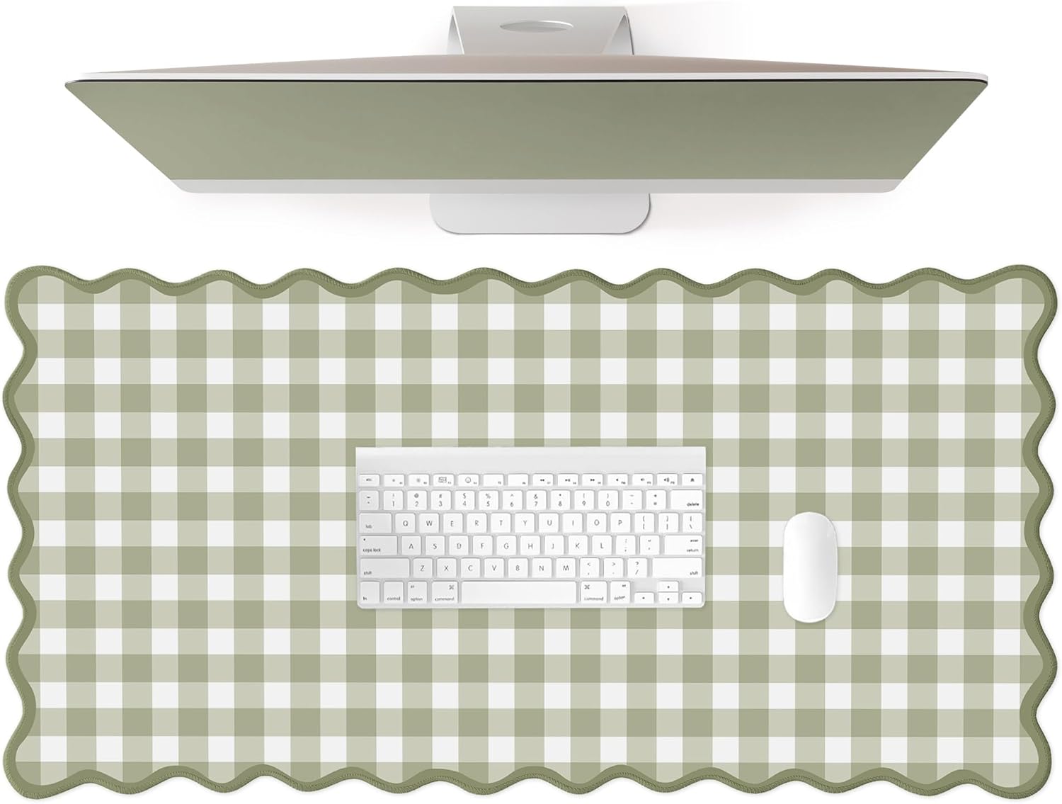 Scalloped Green Checkered Desk Mat Cute Pastel Large Gaming Mouse Pad Gingham Kawaii Cottagecore Vintage Girly Keyboard Computer Mat Aesthetic Desk Pad Accessories Office Decor for Women