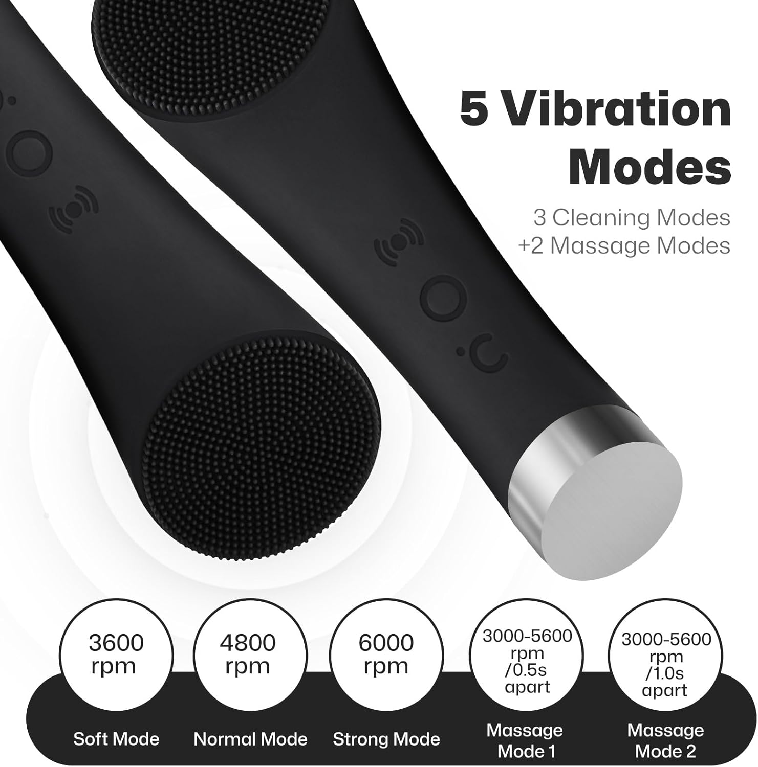 PRITECH Facial Cleansing Brush, Rechargeable Silicone Face Scrubber with Heat Massage End, Vibrating Exfoliator Scrubber for Deep Cleaning, Waterproof Face Brush for Women and Men (Black) - Image 3