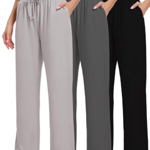 Kivdol 3 Pack Women’s Lounge Pants Wide Leg Yoga Sweatpants with Pockets High Waisted Drawstring Lounge Loose Workout Jogger