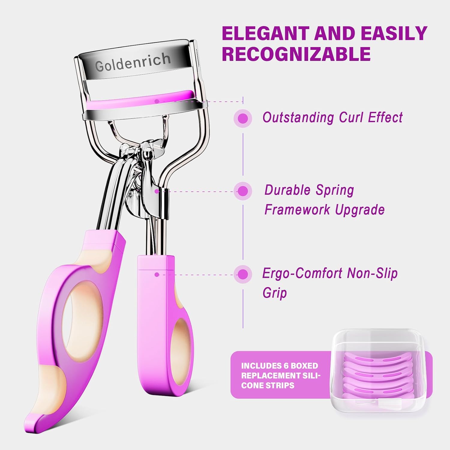 Eye Lash Curler with 6 Boxed Replacement Pads, Goldenrich Eyelash Curlers Painless Perfect Curl, Nice and Easy to Identify, Valentine's Day for Her, Teenagers, Beauty Enthusiasts-Silver Purple Pink - Image 2