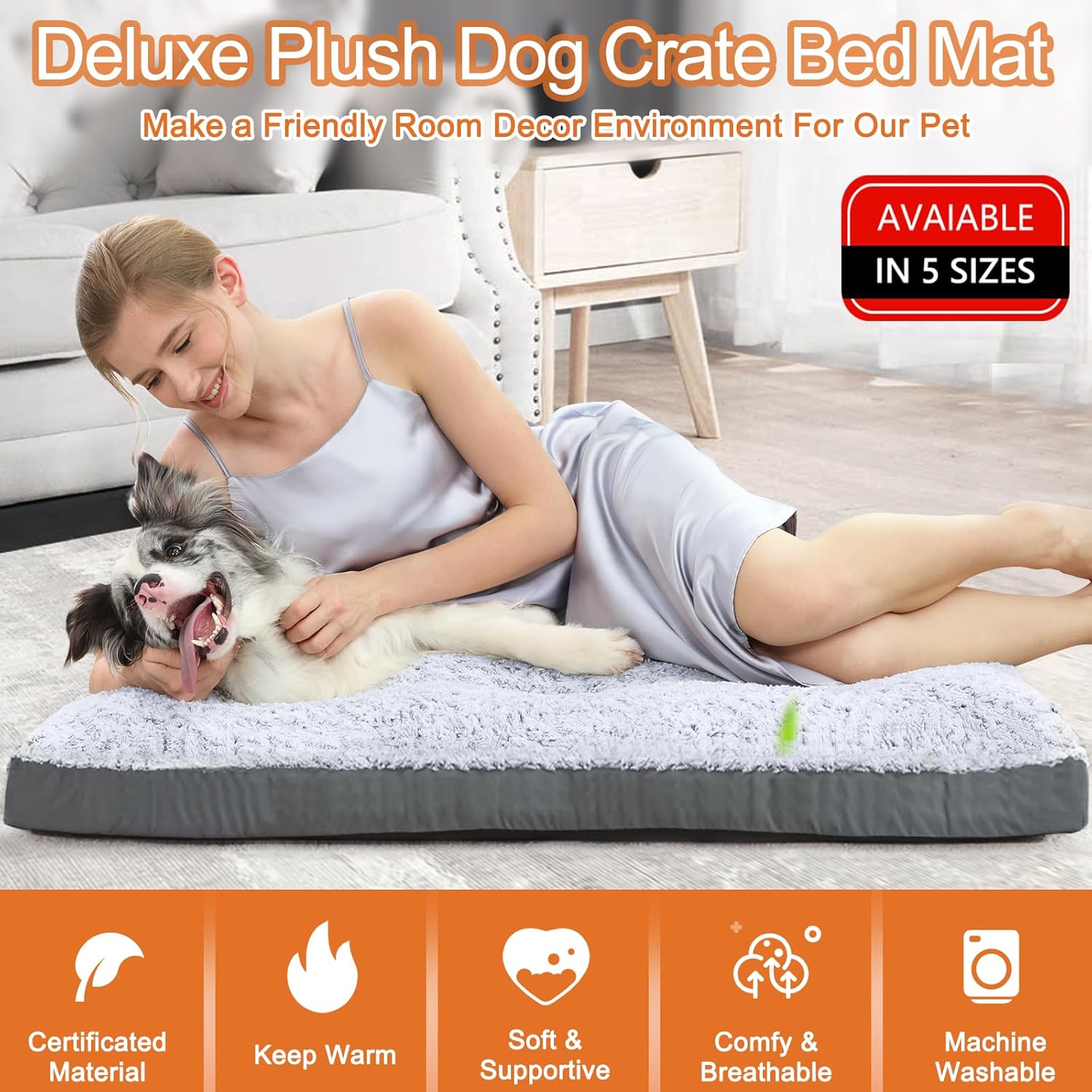 POCBLUE Deluxe Washable Dog Bed for Large Dogs Dog Crate Mat 35 Inch Comfy Fluffy Kennel Pad Anti-Slip for Dogs Up to 60 lbs, 35" x 23", Grey - Image 2