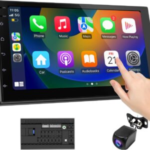 Wireless CarPlay Screen for Car & Android Auto Head Unit – Touchscreen 7 Inch Double Din Car Stereo with Backup Camera for All Cars (2+32GB)