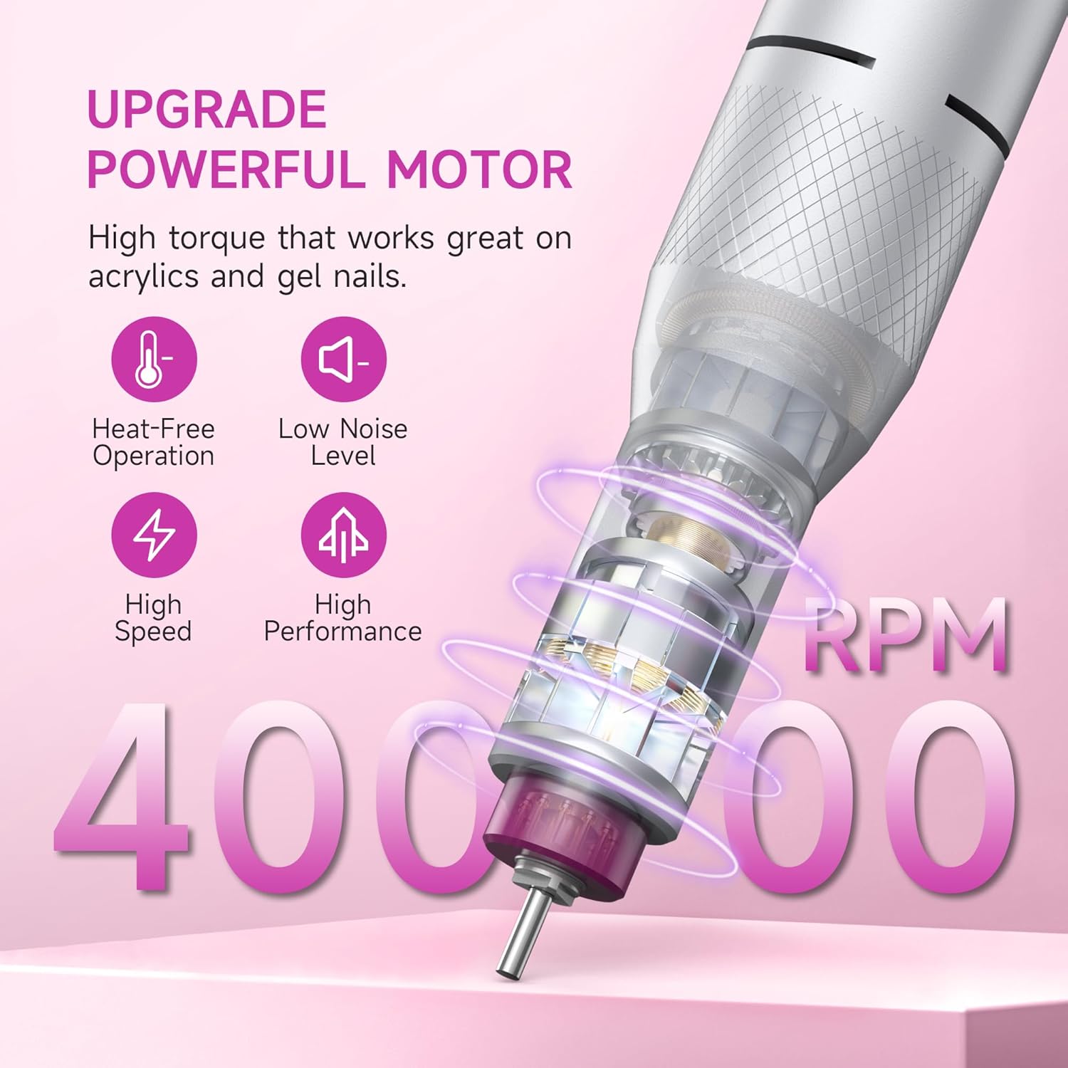 Electric Nail Drill Professional, Portable Nail File for Acrylic Gel Nails, Cordless Rechargeable Ultra Power Nail Drill Kit 40000RPM, HMC320 Salon-Grade Efile Nail Machine (White) - Image 2