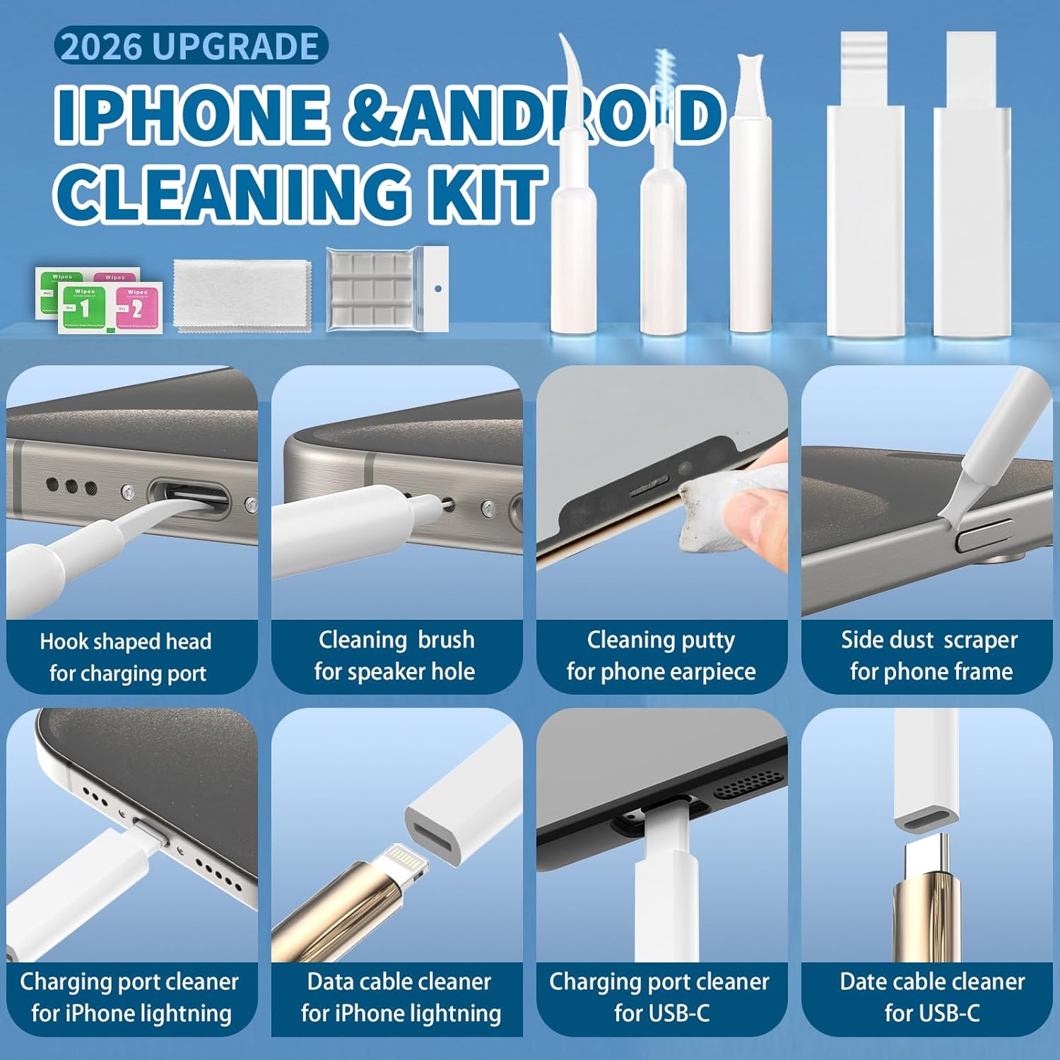 2026 Upgrade Phone Cleaning Kit 57PCS, iPhone Cleaning Kit, Airbud Cleaning Kit for AirPods, Keyboard Cleaning Kit, Charging Port Cleaner for Apple Lightning/Android USB-C (White, with 10 Mini Brush) - Image 3
