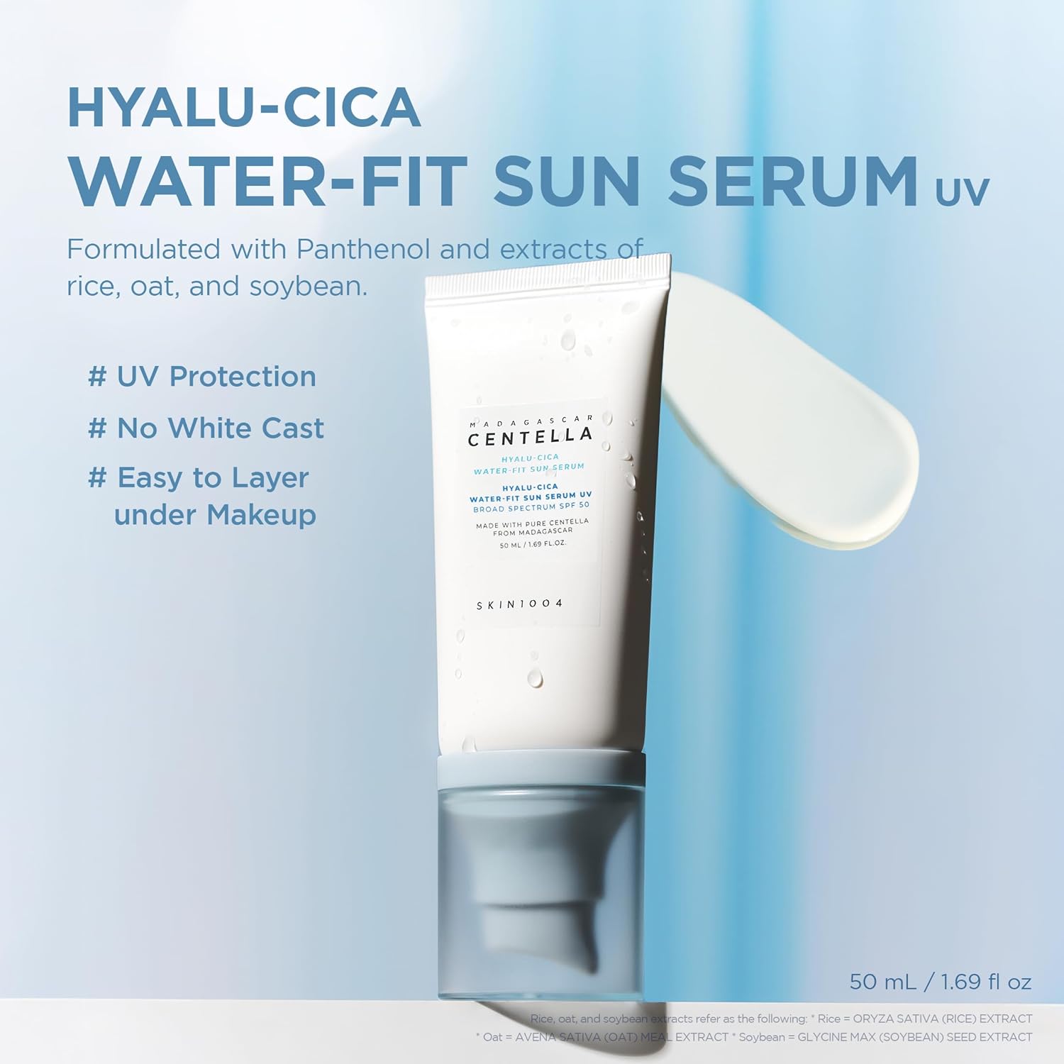 SKIN1004 Centella Hyalu-Cica Water-Fit Sun Serum UV, Korean Sunscreen SPF 50, Centella Sunscreen, Travel Essentials, Sunscreen with Hyaluronic Acid, No White Cast, Korean Skin Care, 1.69 fl.oz / 50ml - Image 2