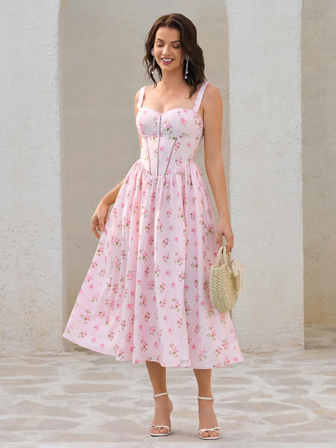 KUTUMAI Floral Corset Midi Dress Flowy Slit Summer Spring Wedding Guest Dresses for Women Sundress with Pockets - Image 6