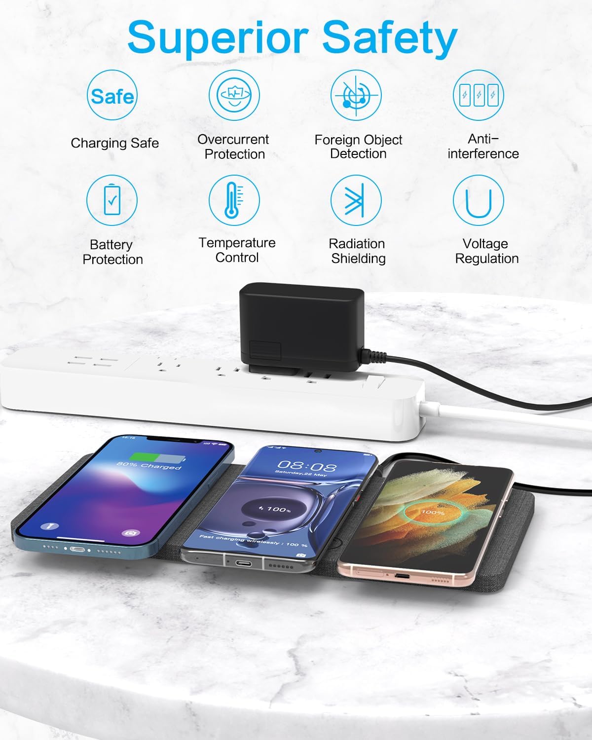 ZealSound Wireless Charging Pad, 3 in 1 Charger Mat for iPhone, Samsung Galaxy, Pixel, AirPods & Galaxy Buds, 24W Adapter Included, Ultra Slim, Case Friendly, PU Leather, Home Office & Travel, Gray - Image 2